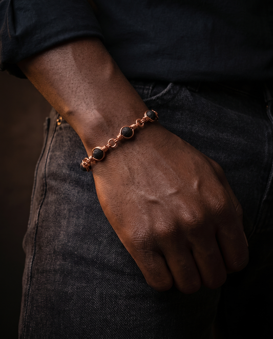 Lava stone copper bracelet worn on the wrist