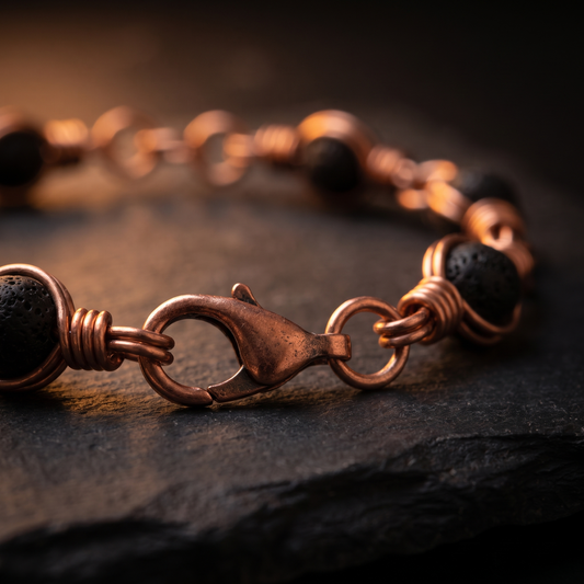 Macro close-up of the copper lobster clasp on the lava stone bracelet
