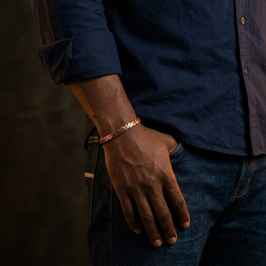 Tri Twist Hammered copper cuff worn on the wrist